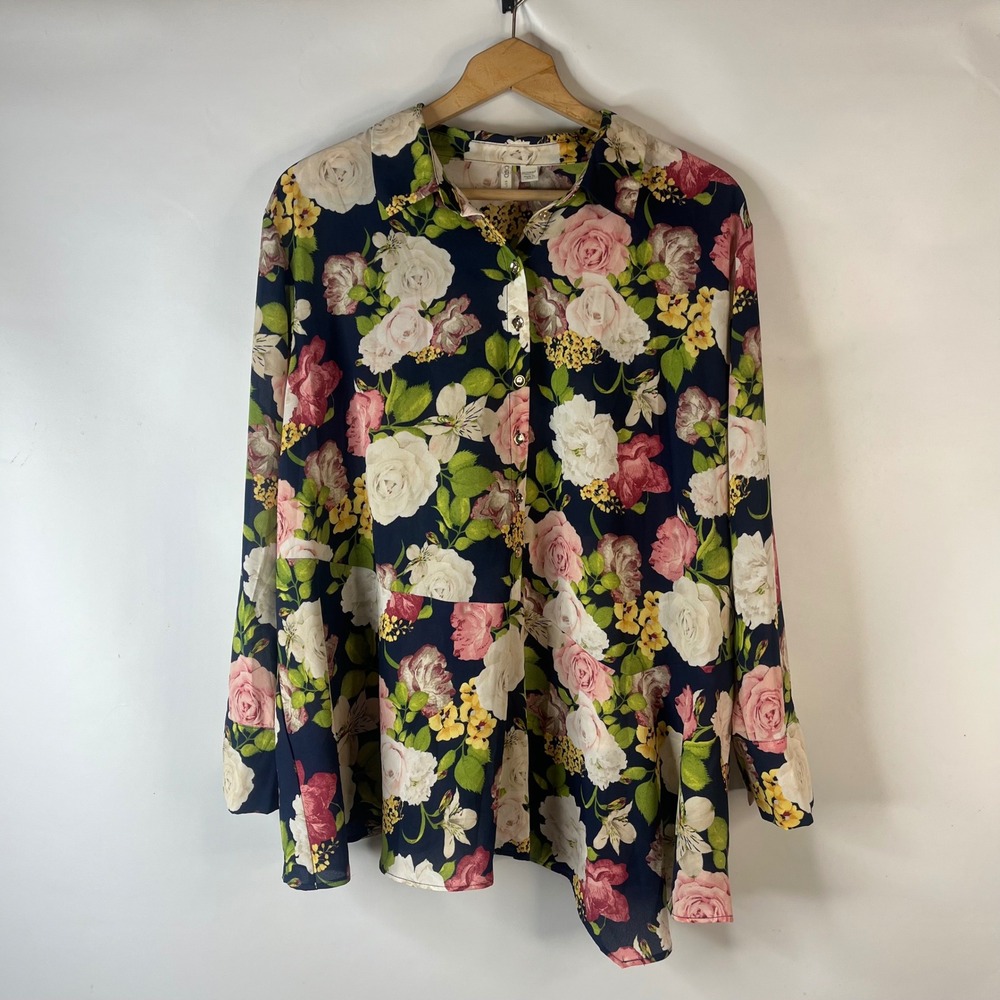 Cato Button Down Blouse Womens 22/24WP Navy Blue Floral Asymmetrical Peplum Top